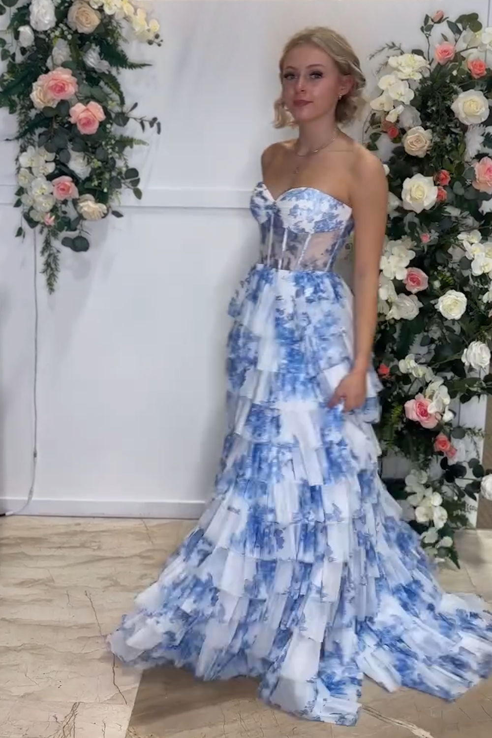 Tien | Blue Floral Printed Sweetheart Chiffon Tiered A-Line Long Corset Prom Dress