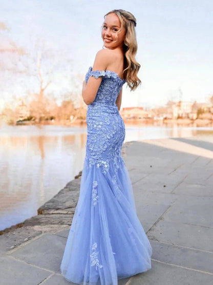 Blue Off the Shoulder Tulle Mermaid Prom Dresses with Appliques