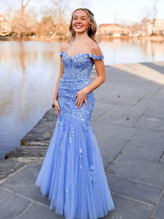 Blue Off the Shoulder Tulle Mermaid Prom Dresses with Appliques