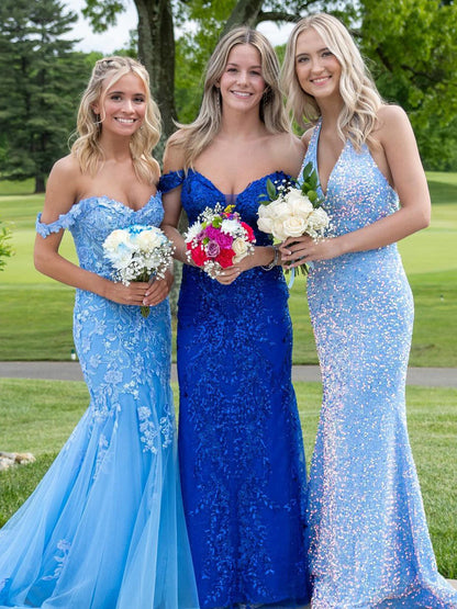 Blue Off the Shoulder Tulle Mermaid Prom Dresses with Appliques