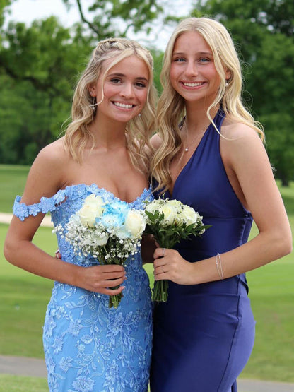 Blue Off the Shoulder Tulle Mermaid Prom Dresses with Appliques