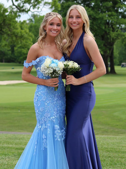 Blue Off the Shoulder Tulle Mermaid Prom Dresses with Appliques