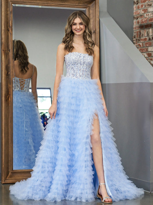 Jordan | Sky Blue A-Line Tiered Sequins Tulle Long Prom Dress