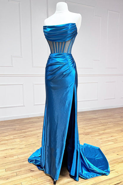 Strapless Pleated Boning Sheer Long Prom Dress with Slit