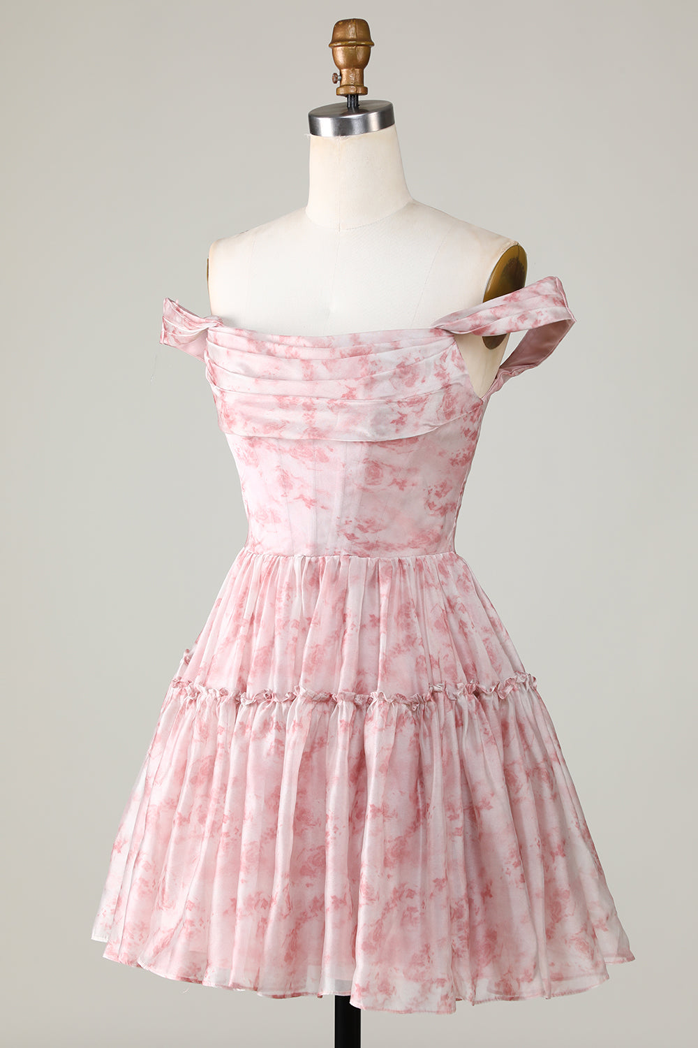 Blush Printed A-Line Homecoming Dress with Ruffles