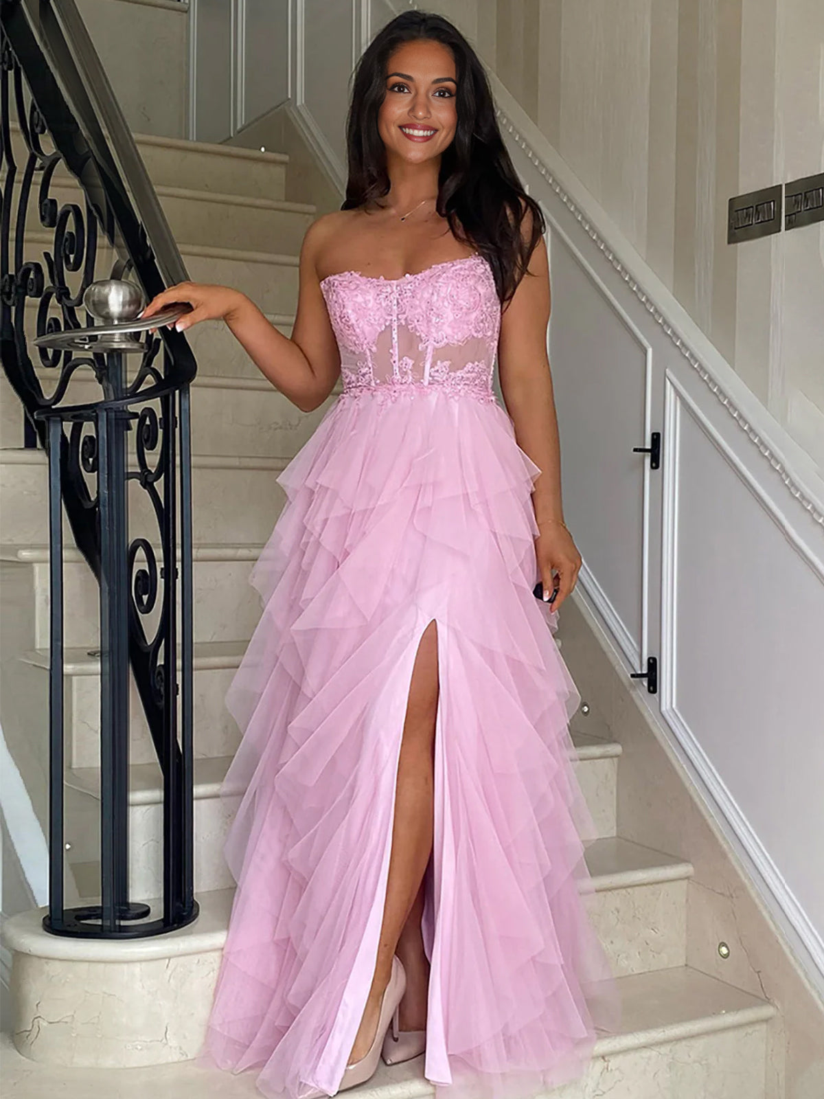 Adella | A-Line Tulle Blush Tiered Long Corset Strapless Prom Dress with Appliques