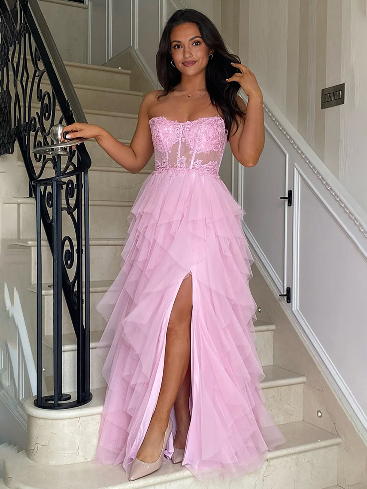 Adella | A-Line Tulle Blush Tiered Long Corset Strapless Prom Dress with Appliques