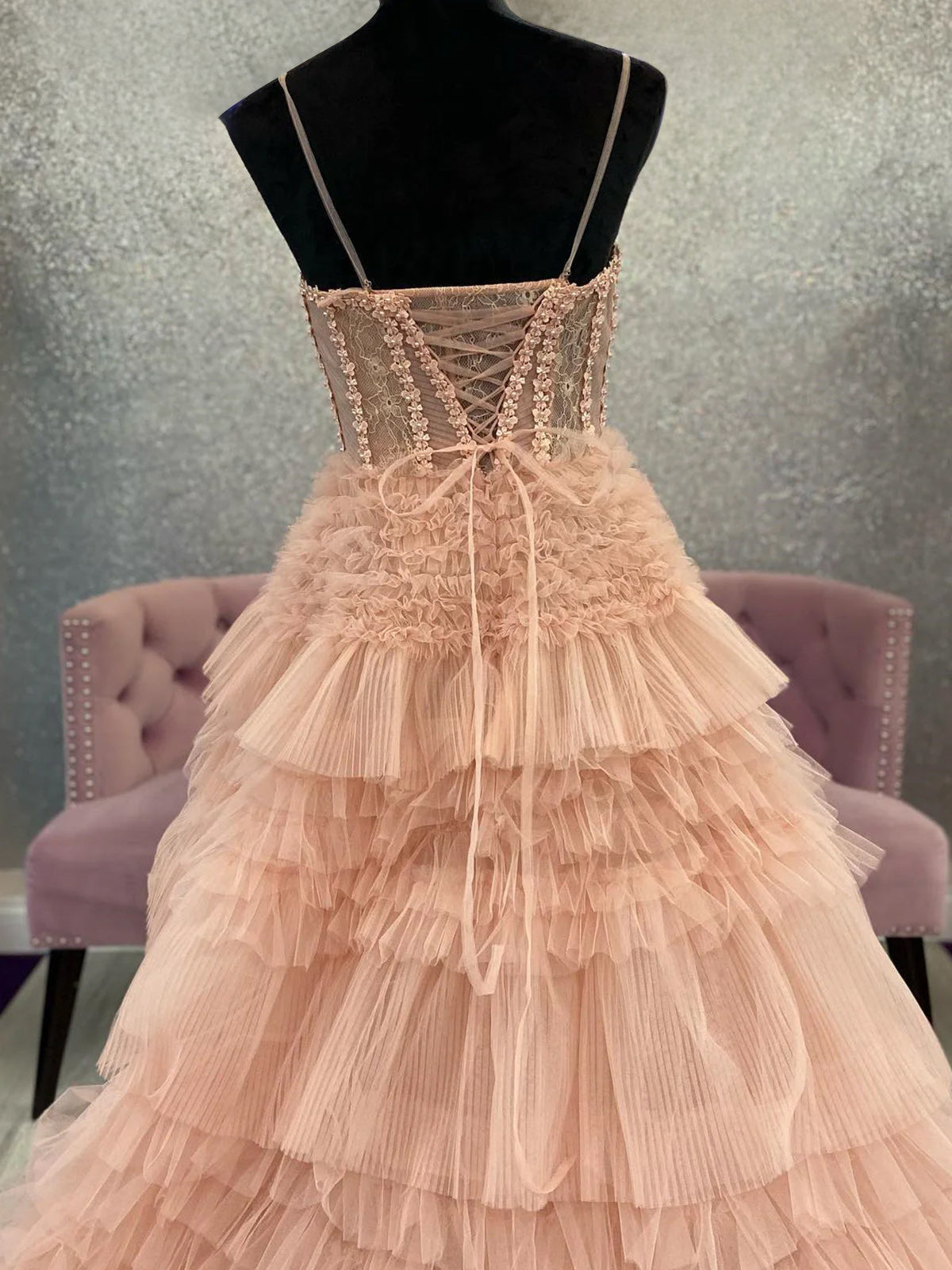 Averi | Blushing Pink Tulle Ruffle Layers Lace-Up Back A-Line Prom Dress