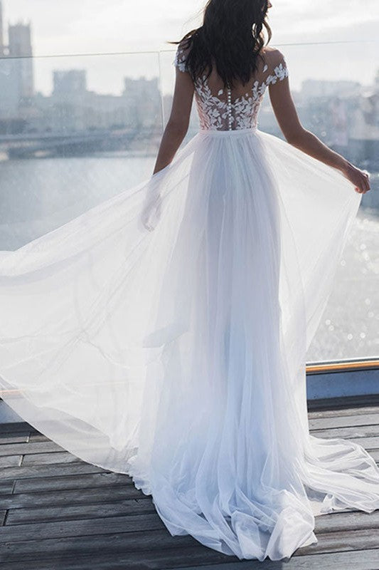 Boho Wedding Dresses Lace Off The Shoulder Short Sleeve Long Split Front Bridal Dress With Train