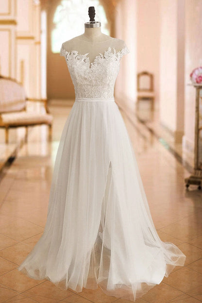 Boho Wedding Dresses Lace Off The Shoulder Short Sleeve Long Split Front Bridal Dress With Train