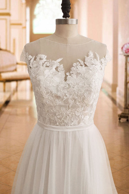 Boho Wedding Dresses Lace Off The Shoulder Short Sleeve Long Split Front Bridal Dress With Train