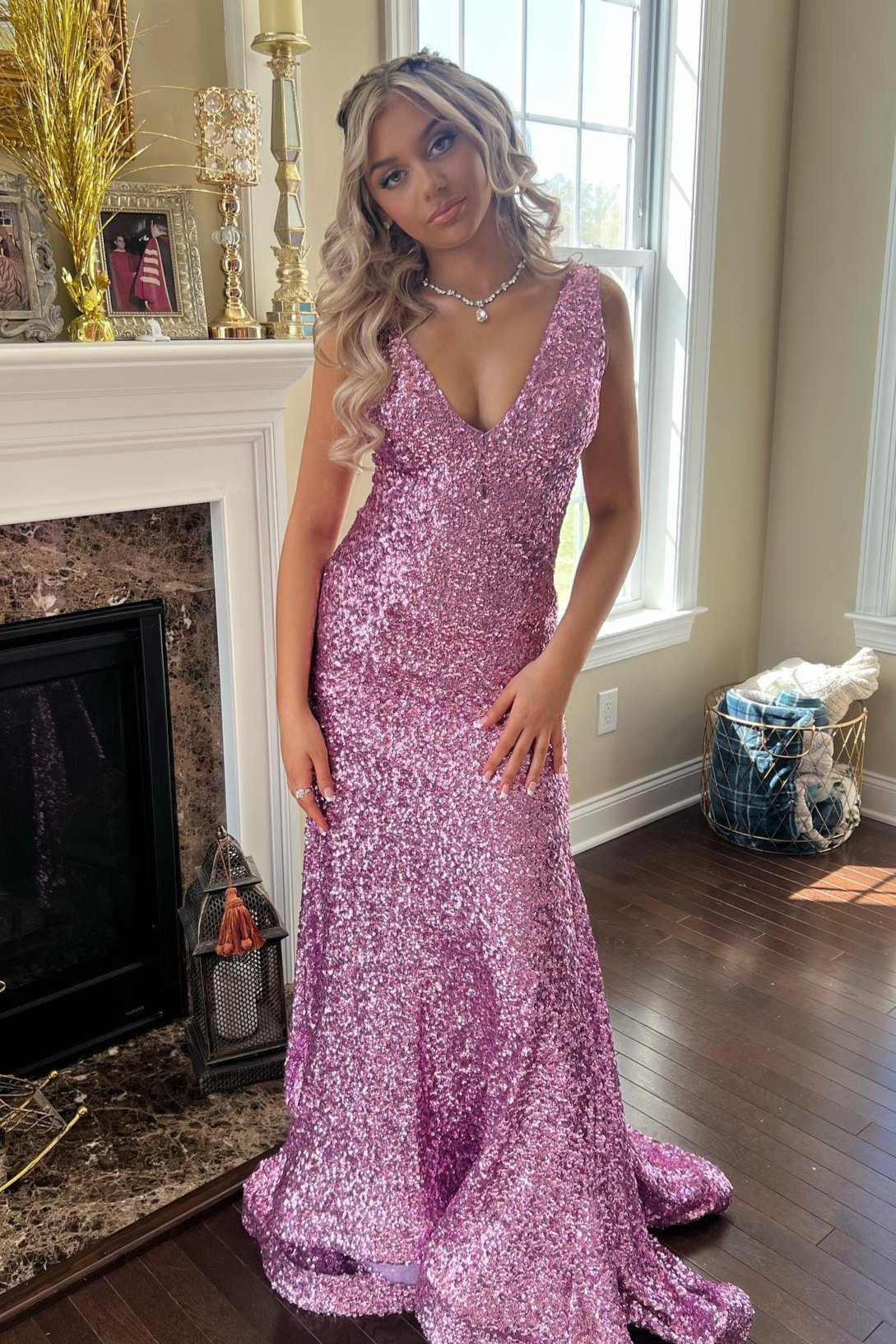 Branndi | Sequins V-Neck Lilac Mermaid Evening Long Prom Dress