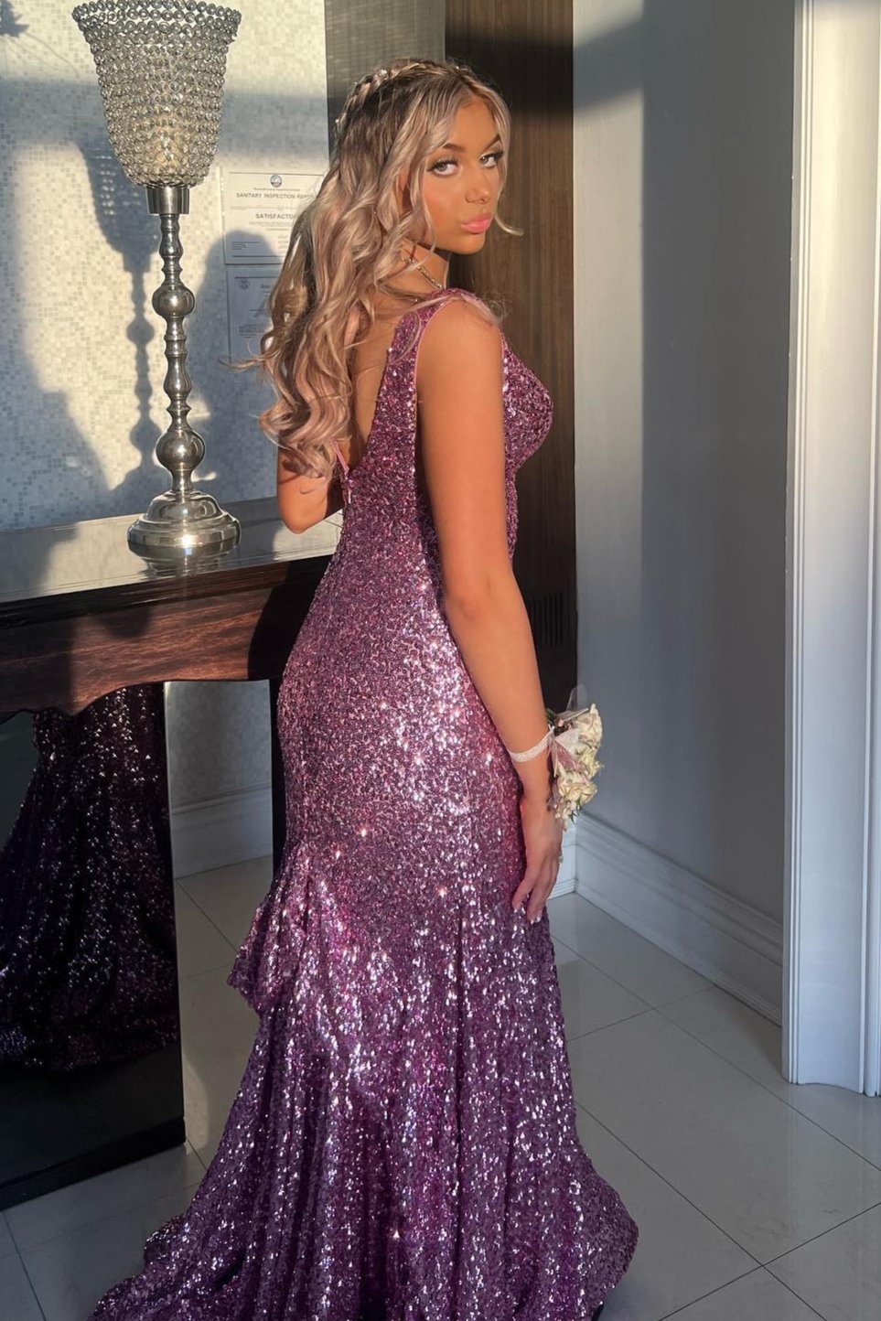 Branndi | Sequins V-Neck Lilac Mermaid Evening Long Prom Dress