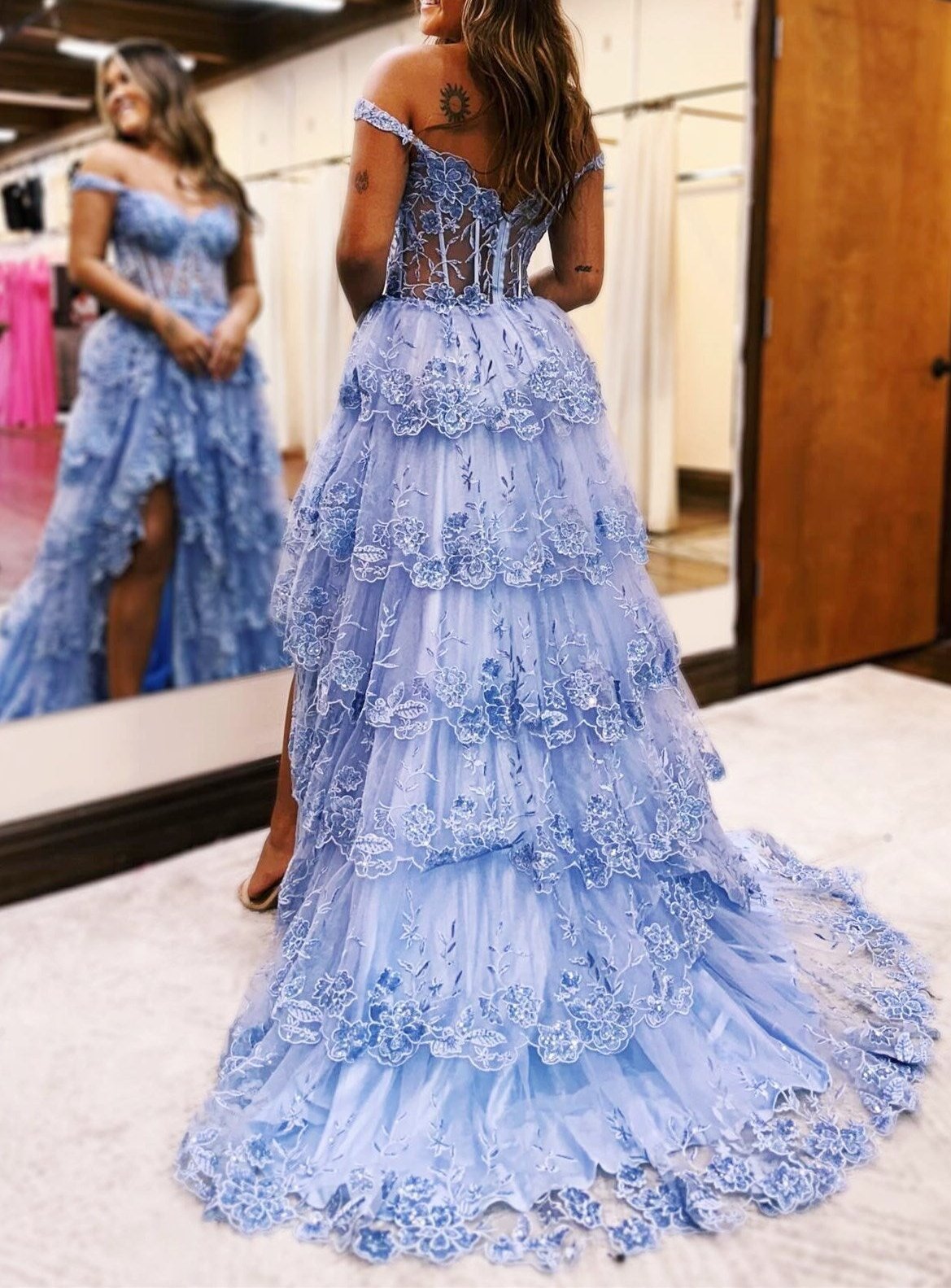 Maryann | Periwinkle Tulle Appliques Off-the-Shoulder Ruffle Long Prom Dress