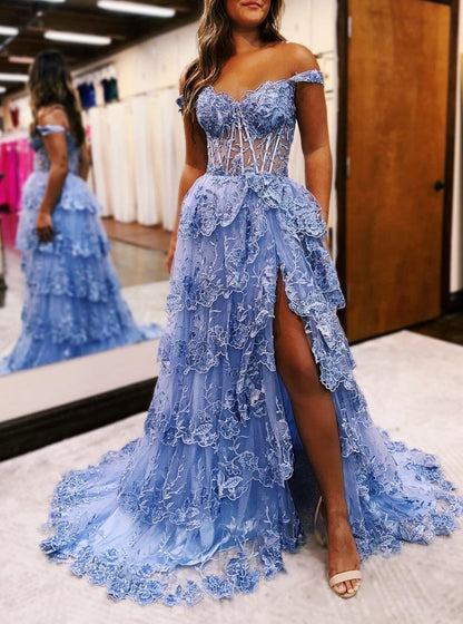 Maryann | Periwinkle Tulle Appliques Off-the-Shoulder Ruffle Long Prom Dress