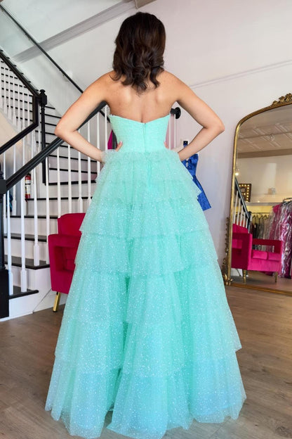 Brigitta | Aqua Blue Sweetheart Tulle Tiered A-Line Long Prom Dress with Slit