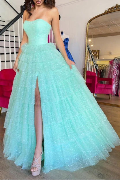 Brigitta | Aqua Blue Sweetheart Tulle Tiered A-Line Long Prom Dress with Slit