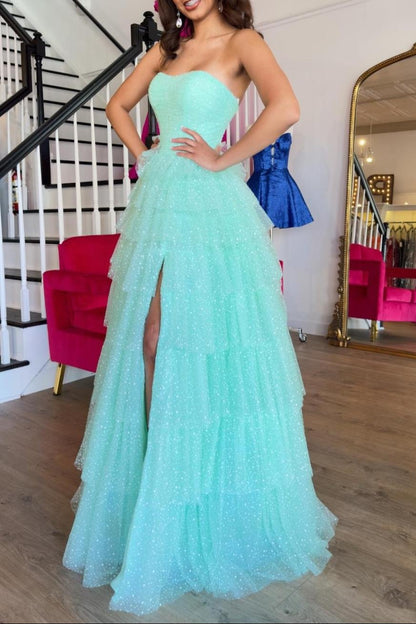 Brigitta | Aqua Blue Sweetheart Tulle Tiered A-Line Long Prom Dress with Slit