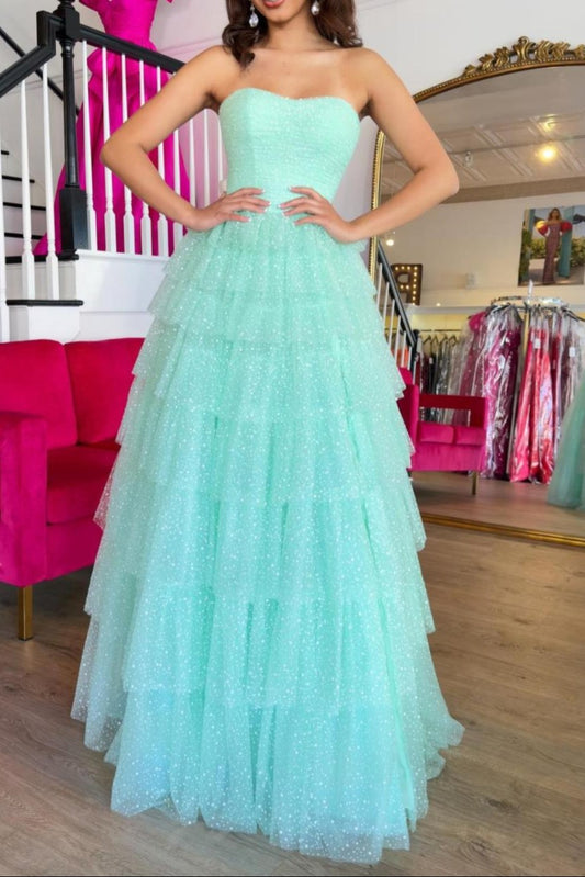 Brigitta | Aqua Blue Sweetheart Tulle Tiered A-Line Long Prom Dress with Slit