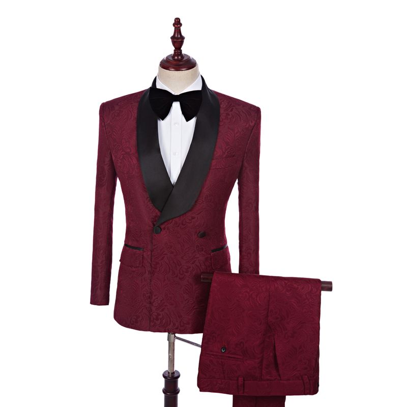 Burgundy Jacquard Double Breasted Best Fitted Wedding Suits Online