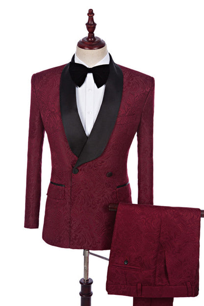 Burgundy Jacquard Double Breasted Best Fitted Wedding Suits Online