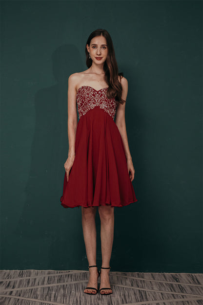 Burgundy Sweetheart Sparkle Beaded Chiffon Homecoming Dress