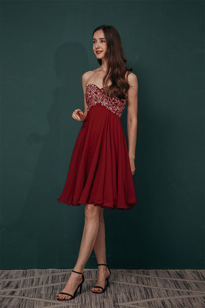 Burgundy Sweetheart Sparkle Beaded Chiffon Homecoming Dress