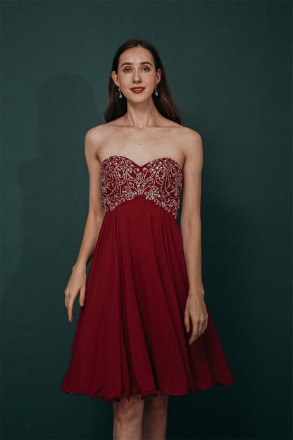 Burgundy Sweetheart Sparkle Beaded Chiffon Homecoming Dress