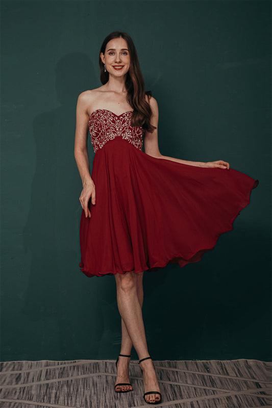 Burgundy Sweetheart Sparkle Beaded Chiffon Homecoming Dress