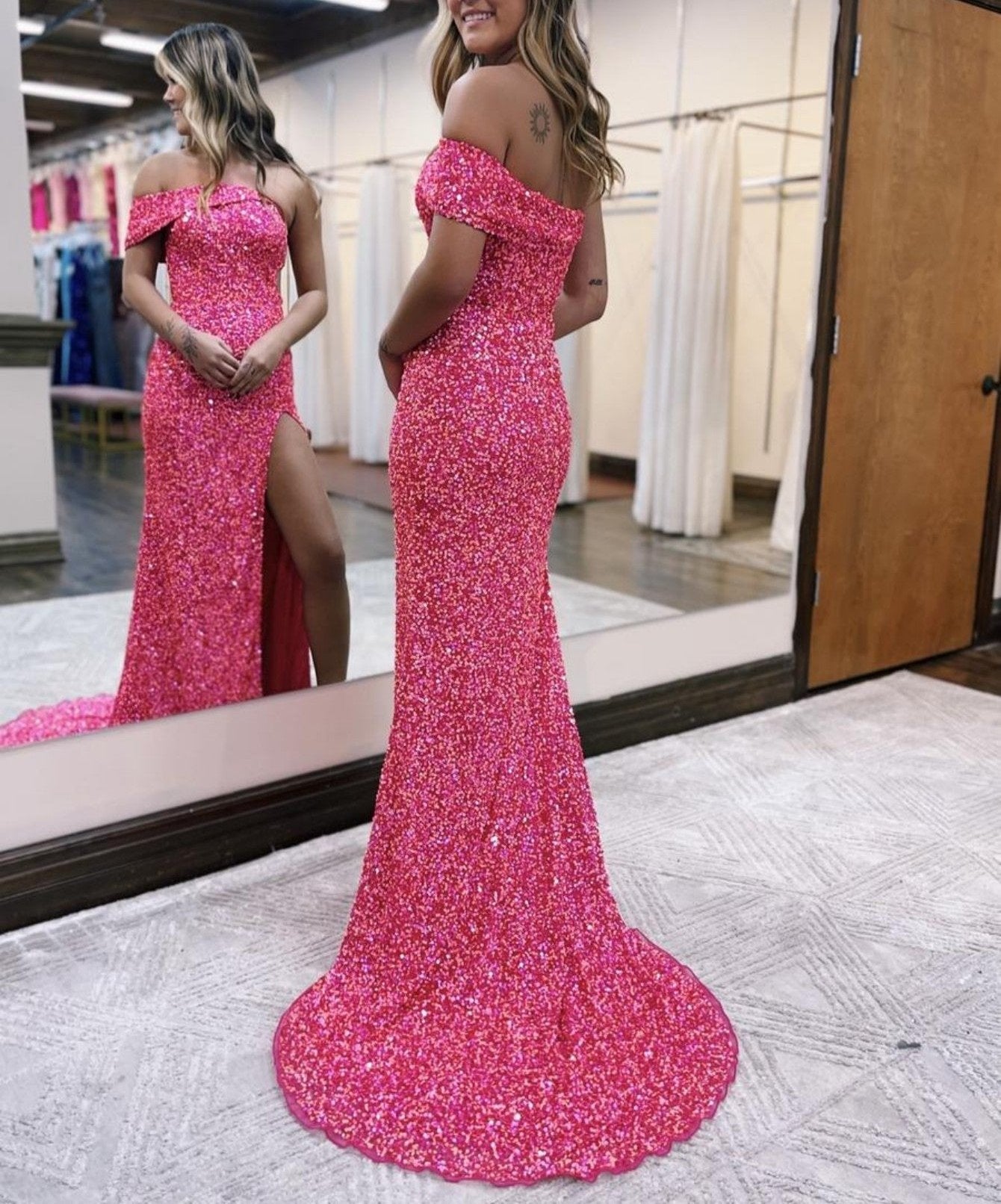 Glitter Mermaid One Shoulder Pink Long Prom Dress With Slit