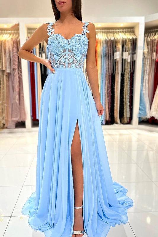 Baby Blue Sweetheart A Line Lace Long Prom Dress With Slit YL0034