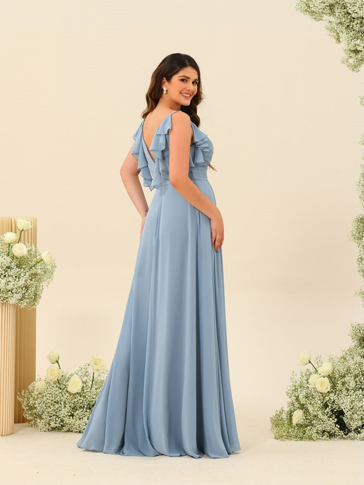 A-Line/Princess Spaghetti Straps Plus Size Ruched Long Bridesmaid Dresses with Split Side