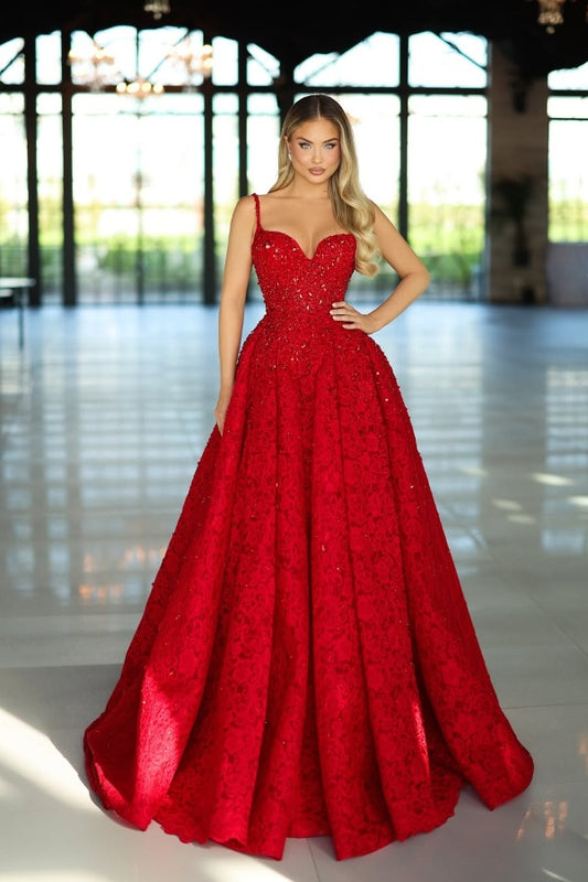 edgynewlook Red Spaghetti Strap A-Line Sequins Prom Dress Sleeveless with Appliques