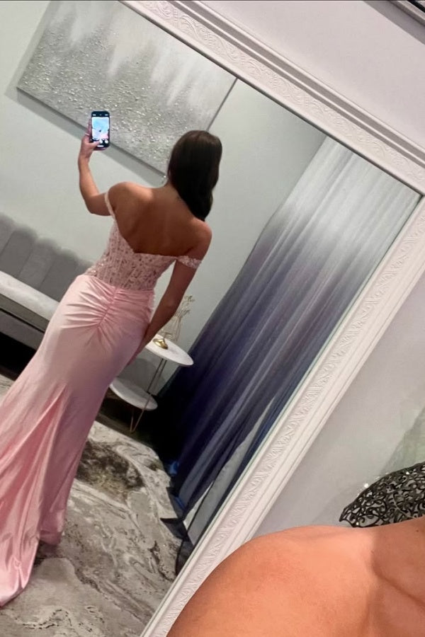 edgynewlook Pink Off-the-Shoulder Long Mermaid Prom Dress Slit