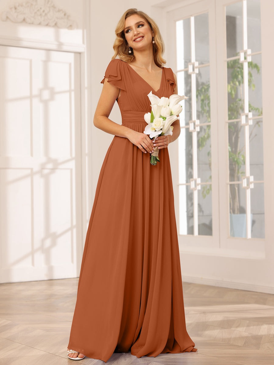 A-Line/Princess V-Neck Short Sleeves Long Bridesmaid Dresses with Ruffles