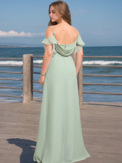 A-Line/Princess Spaghetti Straps Sleeveless Floor-Length Plus Size  Bridesmaid Dresses with Split Side & Ruffles