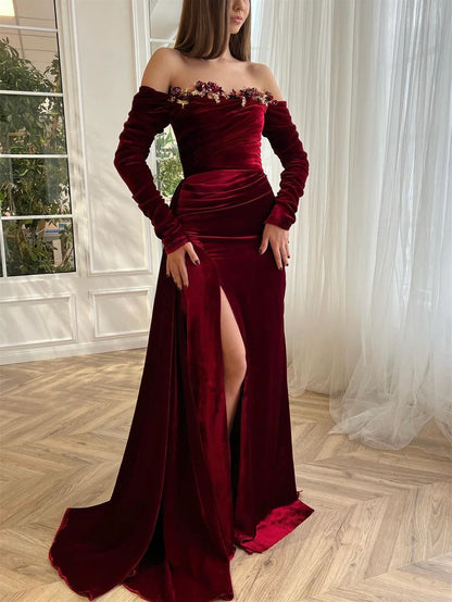 Sheath/Column Off-the-shoulder Long Sleeves Velvet luxury Evening Dresses