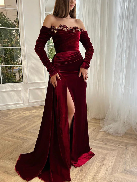 Sheath/Column Off-the-shoulder Long Sleeves Velvet luxury Evening Dresses