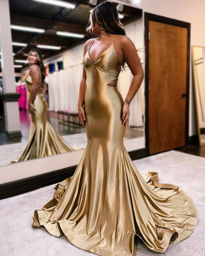 Glamorous Golden Prom Dress V Neck Mermaid Sleeveless Backless YH0008