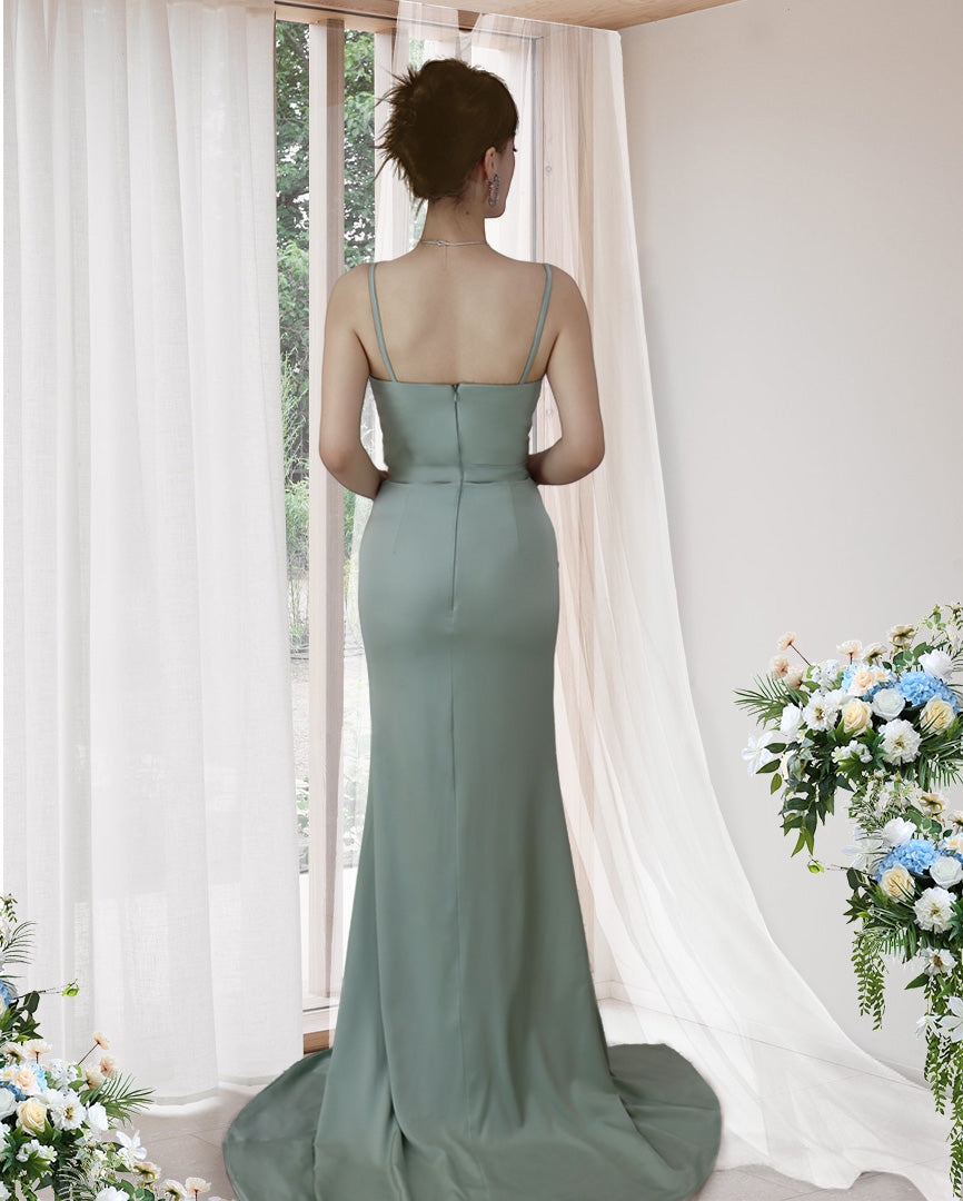 Seafoam Green Prom Dress Spaghetti Strap With Pleated Slit YX00014