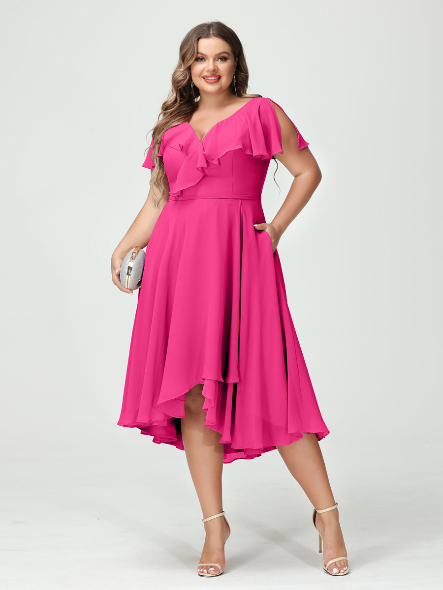 A-Line/Princess V-Neck Short Sleeves Chiffon High-Low Plus Size Bridesmaid Dresses with Pockets & Ruffles