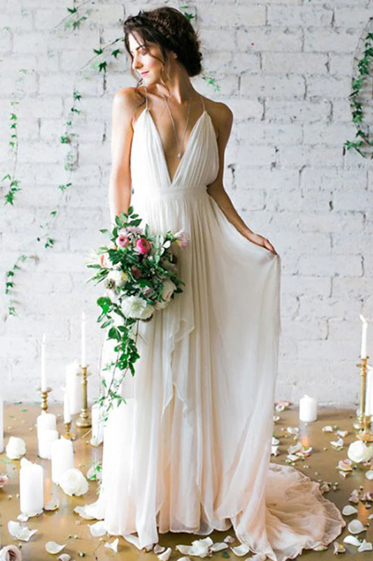 Sexy A-Line Deep V-Neck Backless Chiffon Boho Wedding Dresses with Pleats gh2519