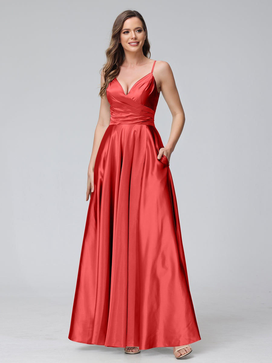 A-Line/Princess V-Neck Sleeveless Ankle-Length Silk Satin Bridemaid Dresses with Pockets & Split Side