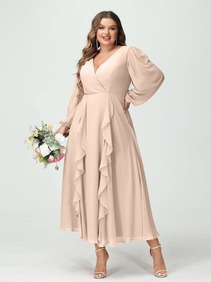 A-Line/Princess/Princess V-Neck Long Sleeves Chiffon Tea-Length Plus Size Bridesmaid Dresses with Pockets & Ruffles