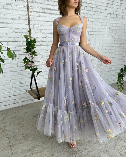 Lilac Embroidery Flowers Tulle Prom Dress, Sweetheart Straps Tea-Length Tulle Ball Gown Wedding Dress, Fairy Prom Dress gh1820