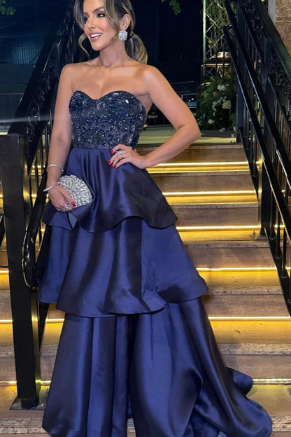 Dark Blue Embroidery Beadings Three-Layer Ruffles Strapless Prom Dress ZT0495