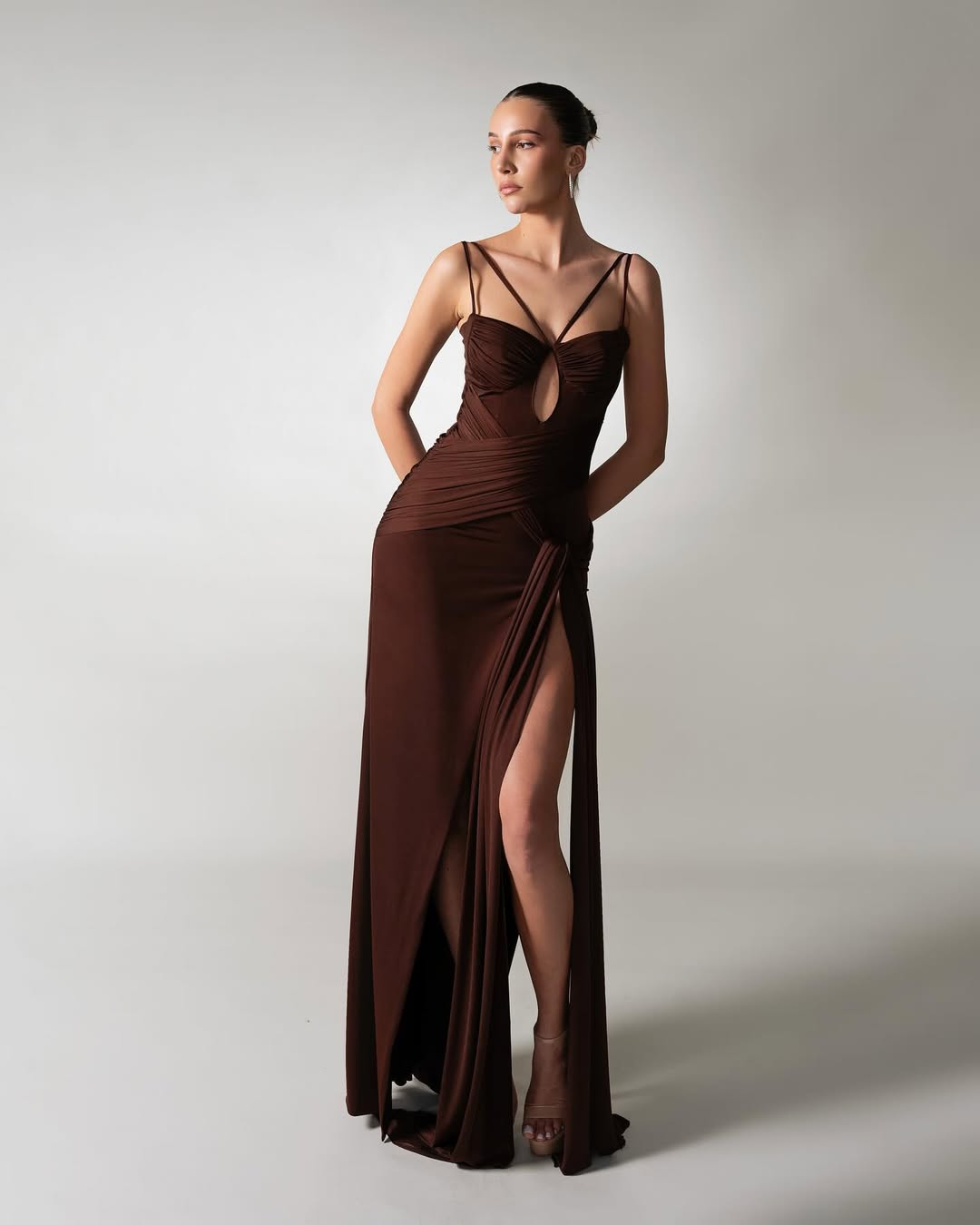 Chocolate Spaghetti-Straps Split Pleated Summer Prom Dress ZT0634