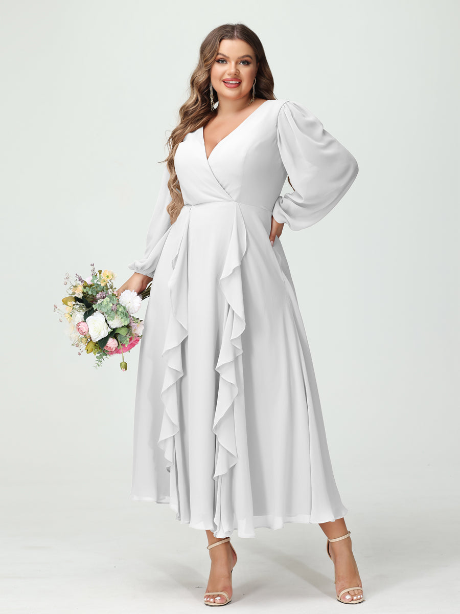 A-Line/Princess/Princess V-Neck Long Sleeves Chiffon Tea-Length Plus Size Bridesmaid Dresses with Pockets & Ruffles