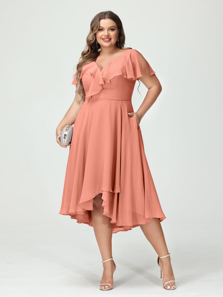 A-Line/Princess V-Neck Short Sleeves Chiffon High-Low Plus Size Bridesmaid Dresses with Pockets & Ruffles