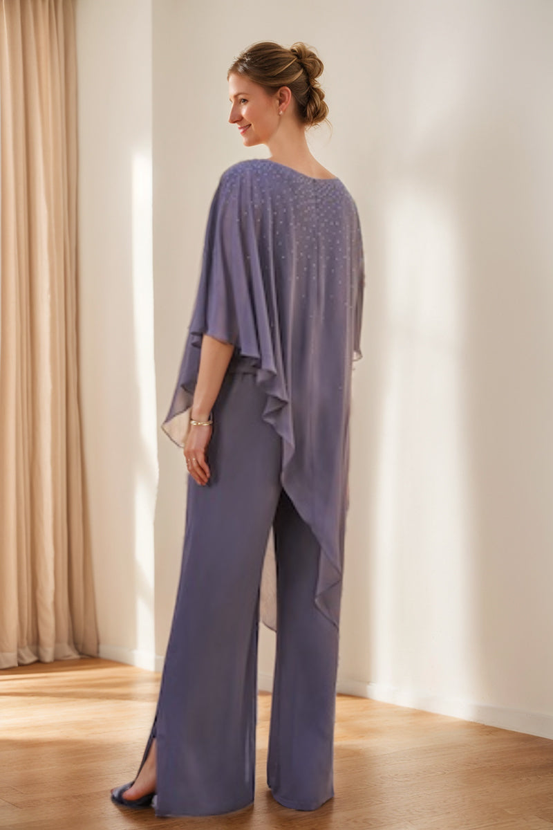 2-Pieces Chiffon Scoop 3/4 Sleeves Mother of the Bride Pantsuits with Rhinestones